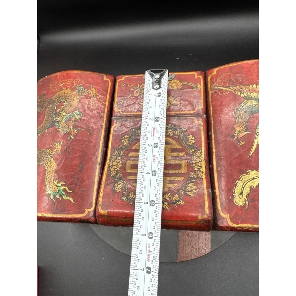 Vtg Mid Century Asian Red Lacquer Large Jewelry Box Mirror Dragon Chest RARE